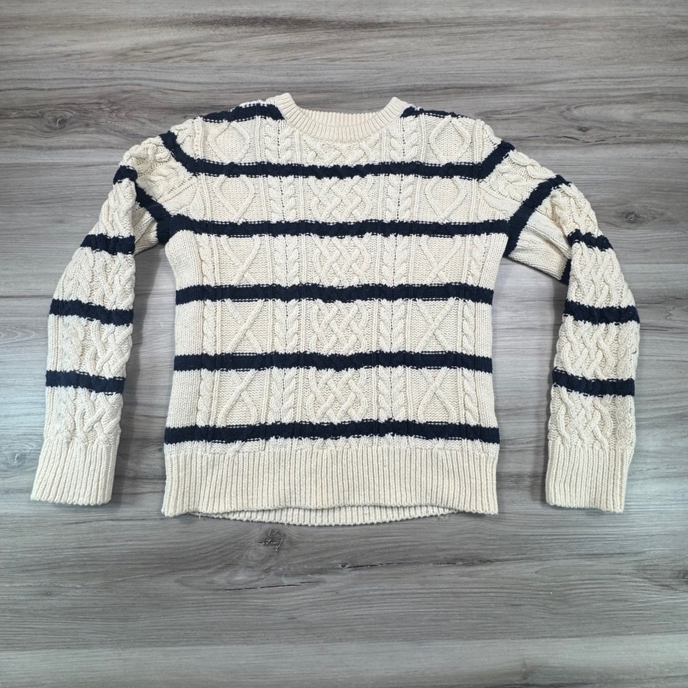 Gap Kids Cream Navy Blue Striped Cable‎ Knit Sweater Size L 10 Cotton Wool Blend